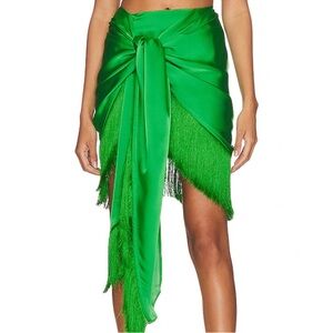 L’Academie “Stevie” Green Satin Fringe Skirt